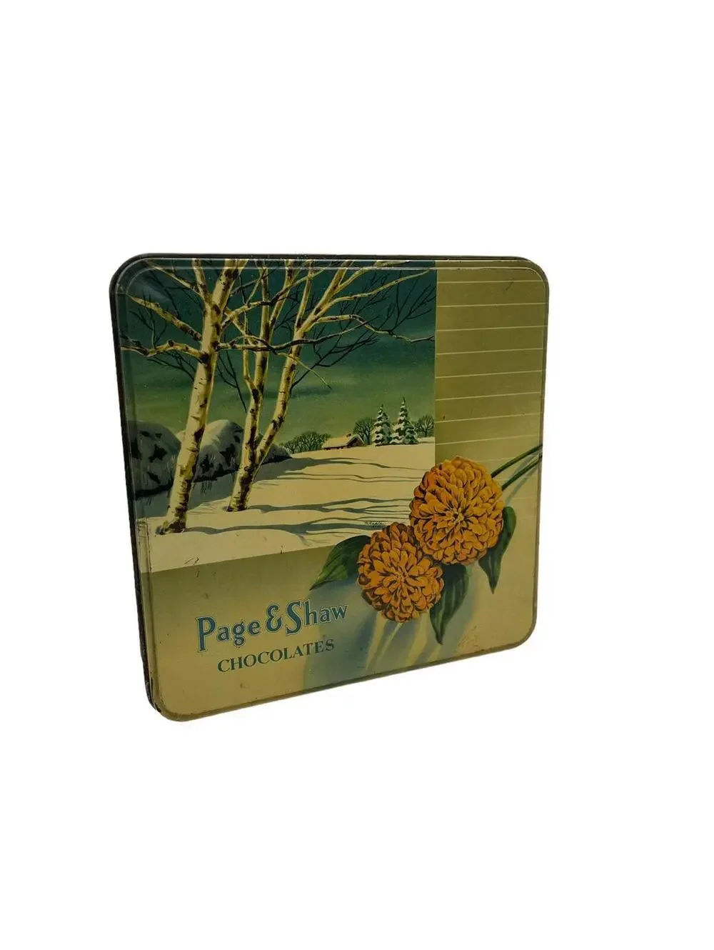 Vintage 1950s Page & Shaw Chocolate Tin: Winter Scene, Farmhouse Decor